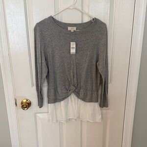 LOFT Gray and White Knotted Hem Sweater